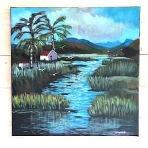 Landscape Art Tropical Marsh, New Original Acrylic Painting Artist Signed Canvas